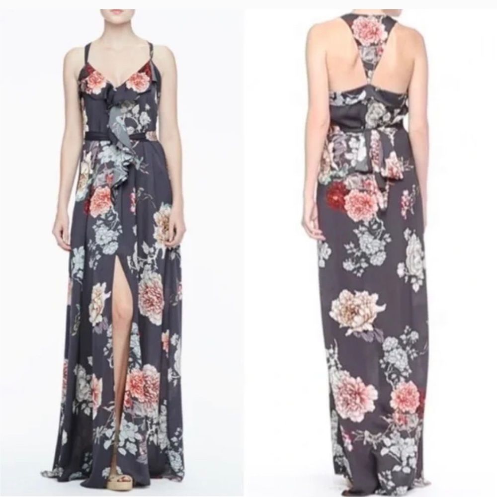 L'AGENCE Floral Maxi Dress in Navy Charcoal with Pink and Cream Blooms Size 6